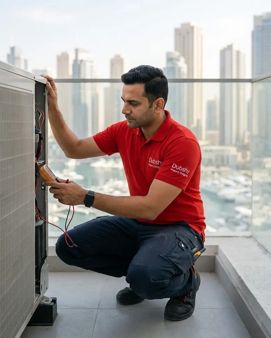 Engineer inspecting AC chiller or balcony glazing