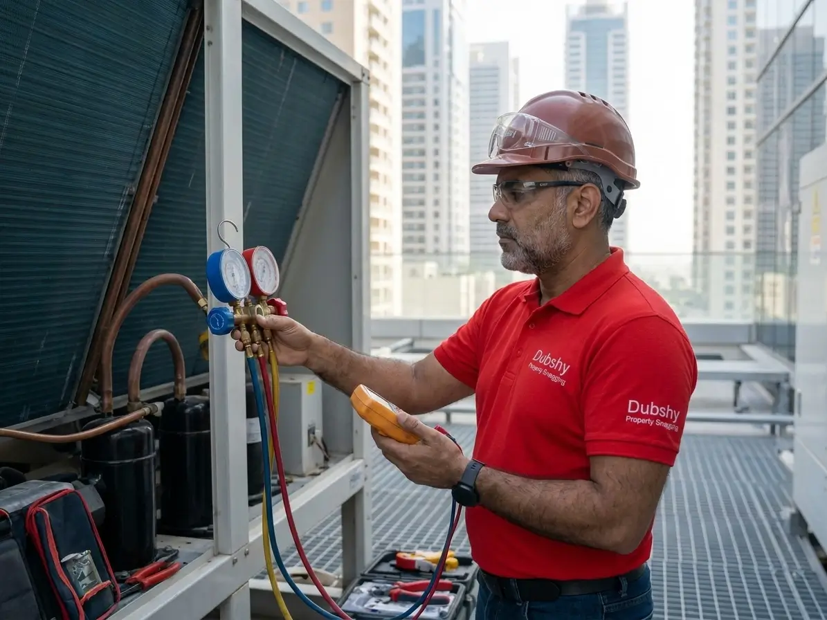 Engineer testing a central chiller/AC unit