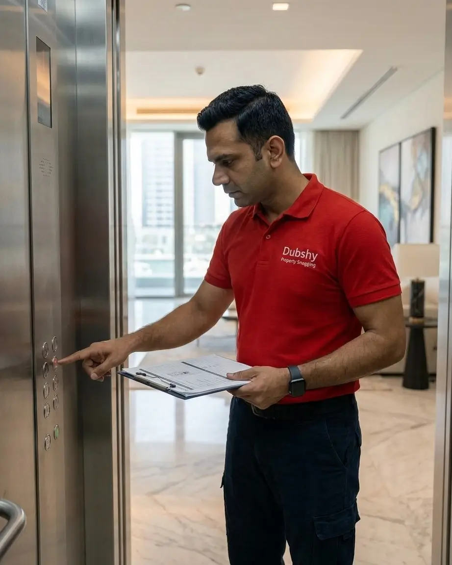 Engineer verifying lift or common area commissioning