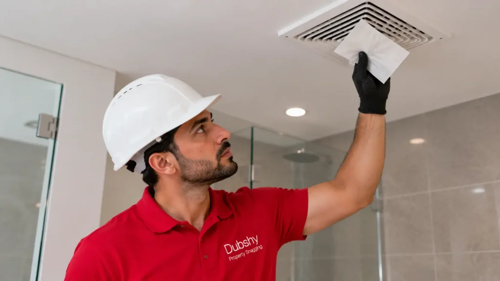 Tissue test at a bathroom exhaust fan grille in a new apartment