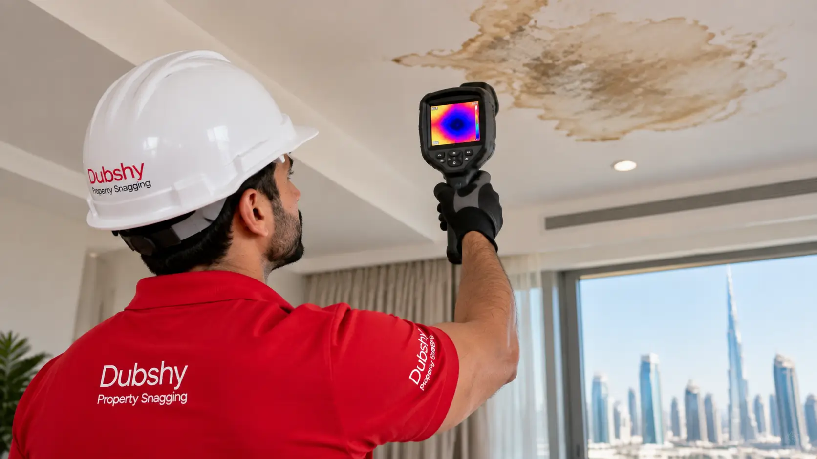 Thermal camera tracing a ceiling leak in a Dubai apartment